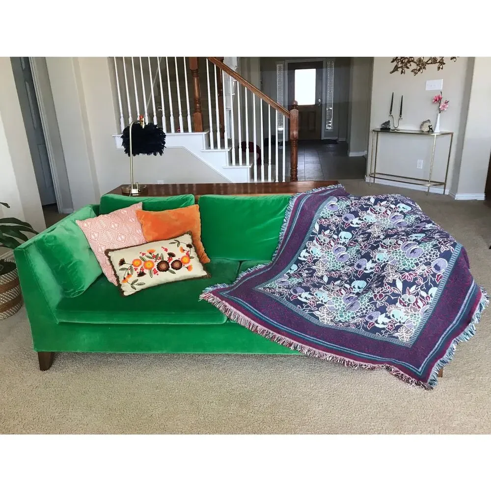vintage 90s Reversible FRUIT PRINT plums, grapes, pears Fringe BLANKET afghan